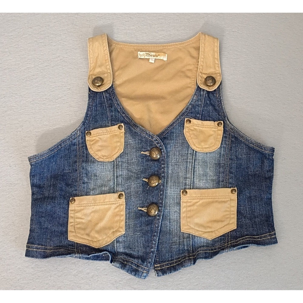 The Thesis‎ Womens Large Denim Vest With Button Front & Pockets, Khaki & Denim